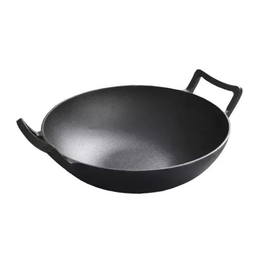 Hagyományos Kínai Öntöttvas Wok Fa Fedővel  Nagy, 36,5 cm