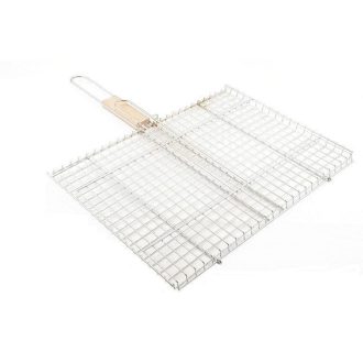   Zárható grillrács 32,5×23 cm – krómozott vas, fafogantyú, hal és hús grillezéséhez