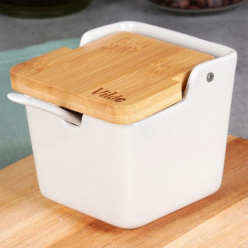 Cukortartó kanállal kerámia és bambusz fehér 250 ml