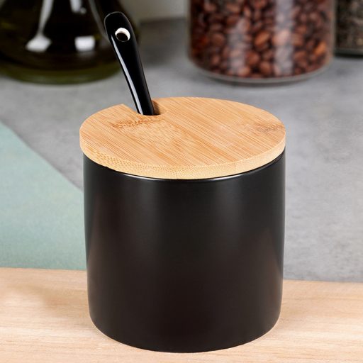 Cukortartó kanállal, kerámia és bambusz anyagokból, fekete 250ml 8,5x8cm