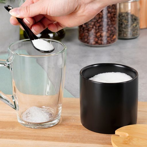Cukortartó kanállal, kerámia és bambusz anyagokból, fekete 250ml 8,5x8cm