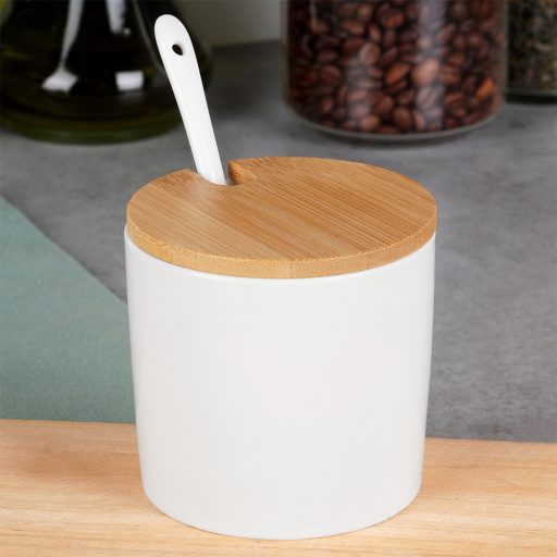 Cukortartó kanállal, kerámia és bambusz anyagokból, fehér 250ml 8,5x8cm