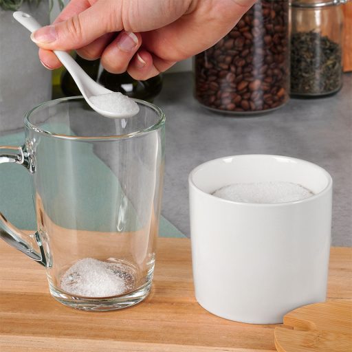 Cukortartó kanállal, kerámia és bambusz anyagokból, fehér 250ml 8,5x8cm