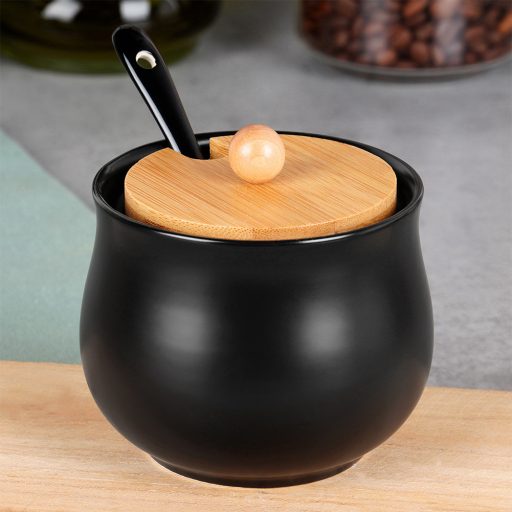 Cukortartó kanállal, kerámia és bambusz anyagokból, fekete 250ml - 9x9cm
