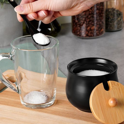 Cukortartó kanállal, kerámia és bambusz anyagokból, fekete 250ml - 9x9cm