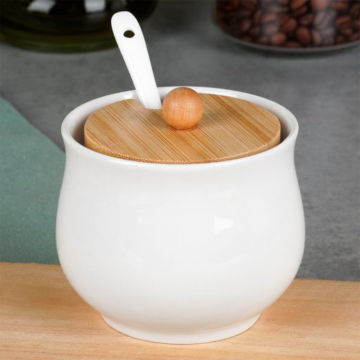 Cukortartó kanállal, kerámia és bambusz anyagokból, fehér 250ml - 9x9cm