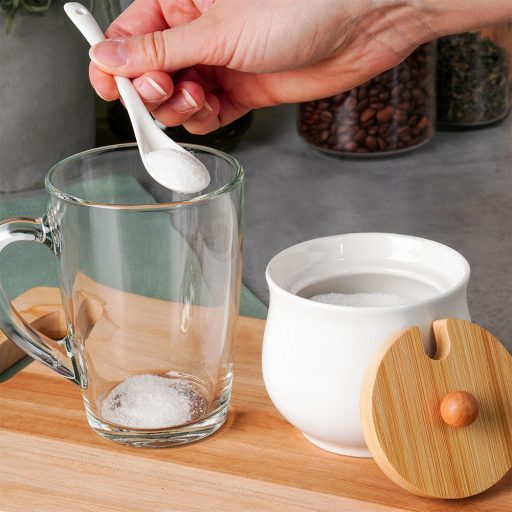 Cukortartó kanállal, kerámia és bambusz anyagokból, fehér 250ml - 9x9cm