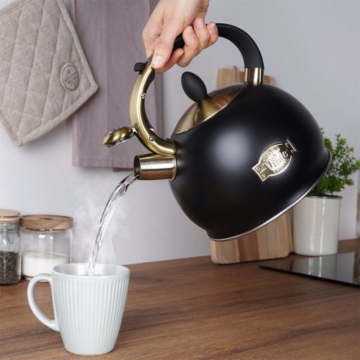 Sípoló vízforraló kanna acél, fekete, 3 L