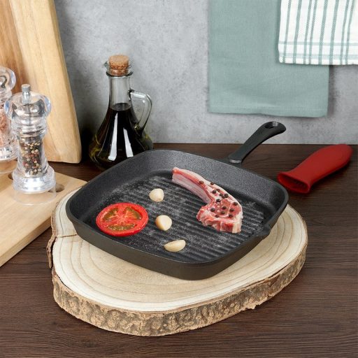 Négyzet alakú öntöttvas grillserpenyő szilikon nyélvédővel – CAST LINE 24,5×24 cm