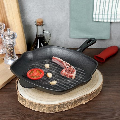 Négyzet alakú öntöttvas grillserpenyő szilikon nyélvédővel – CAST LINE 28×28 cm