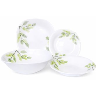   OPAL Szögletes Porcelán Étkészlet – 19 részes, Zöld Leveles mintával