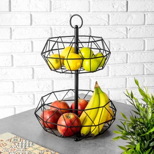Gyümölcskosár fém, 2 szintes, fekete – 32 cm