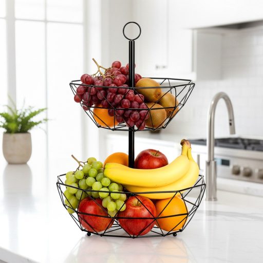 Gyümölcskosár fém, 2 szintes, fekete – 30 cm