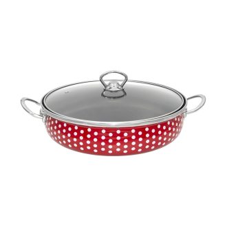   Piros Pöttyös Zománcozott Szeletsütő Lábas Üvegfedővel – 28 cm, kb. 2,4 L (Tapadásmentes)
