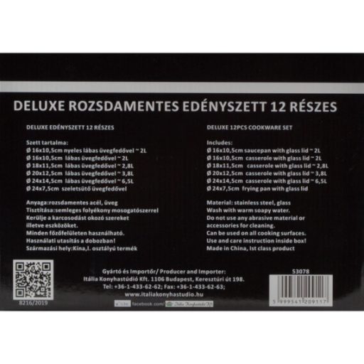 Deluxe 12 részes, rozsdamentes edénykészlet üvegfedővel
