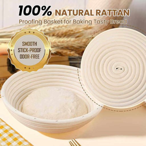 2 darabos kenyérkelesztő rattan kosár szett – 22,9 cm-es kerek és 25,4 cm-es ovális kosár lenvászon béléssel, tésztavágóval, vágópengével és szilikon sütőecsettel
