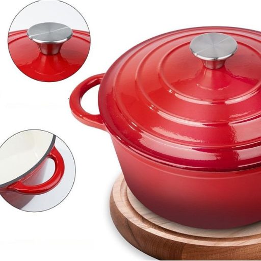 Zománcozott piros öntöttvas lábas fedővel 28cm fém fogóval, 6literes